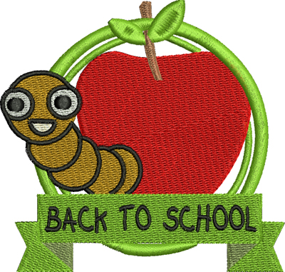 Back to school-School, apple, worm, schooling, machine embroidery, Back