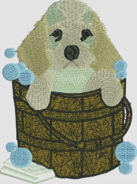 Doggie Bath-Dog bath, bath, doggie, machine embroidery, embroidery, animal embroidery, bath time