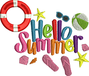 Hello Summer-Summer, machine embroidery, beach, life raft, beach ball, machine embroidery, sea shells
