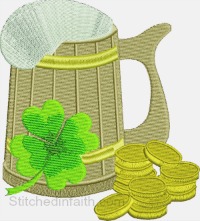 Irish Treasures-St Patricks day, Irish treasures, beer mug, 4 leaf clover, gold coins, machine embroidery, Ireland, Irish embroidery, stitchedinfaith.com