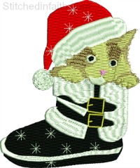 Kitty in Santas boot-Kitty machine embroidery, kitty and Santa, Christmas kitty, machine embroidery, Cat embroidery, Animal embroidery, Christmas embroidery, Christmas kitty embroidery, Kitty Cat embroidery, stitchedinfaith.com