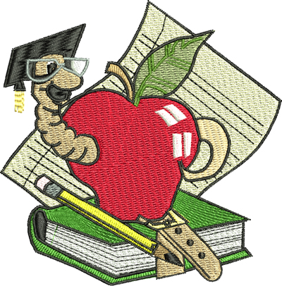 Teachers apple-Teacher, apple, worm, books, pencil, machine embroidery