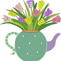 Teapot Tulips-Teapot, tulips,vase, flower, machine embroidery, plants