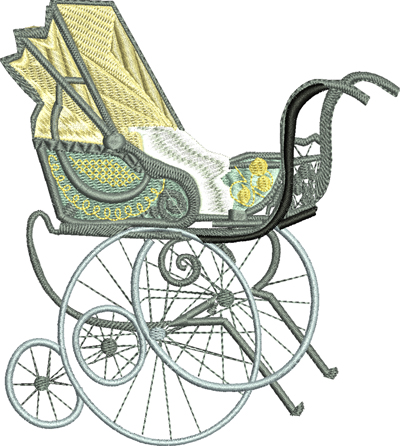 Vintage Pram-Pram, coach, baby, infant, stroller, machine embroidery, vintage pram